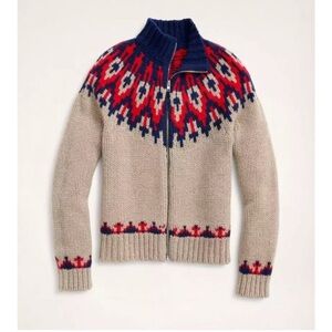 BROOKS BROTHERS Hand Knit Merino Wool Thick Fair Isle Full Zip Sweater XL $348